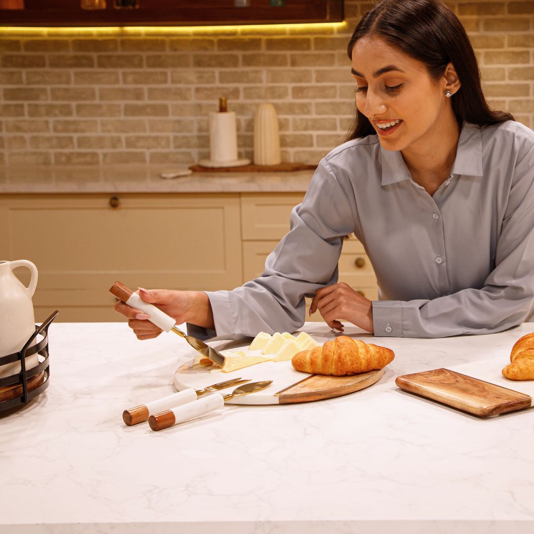 Marble & Acacia wood Charcuterie Board with Cutlery
