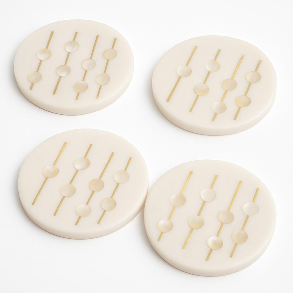 Marble & Mother-of-Pearl Coasters with Brass Inlay, Set of 4