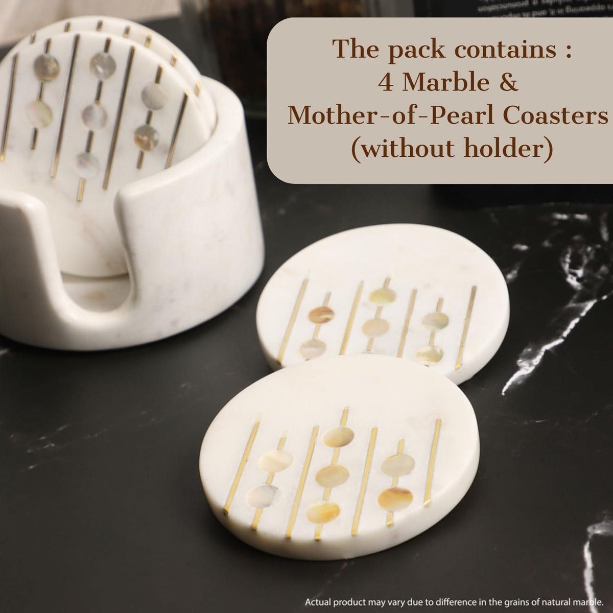 Marble & Mother-of-Pearl Coasters with Brass Inlay, Set of 4