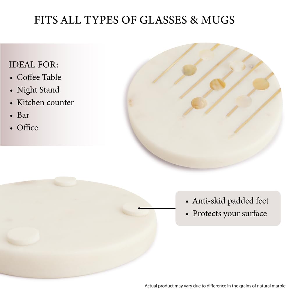 Marble & Mother-of-Pearl Coasters with Brass Inlay, Set of 4