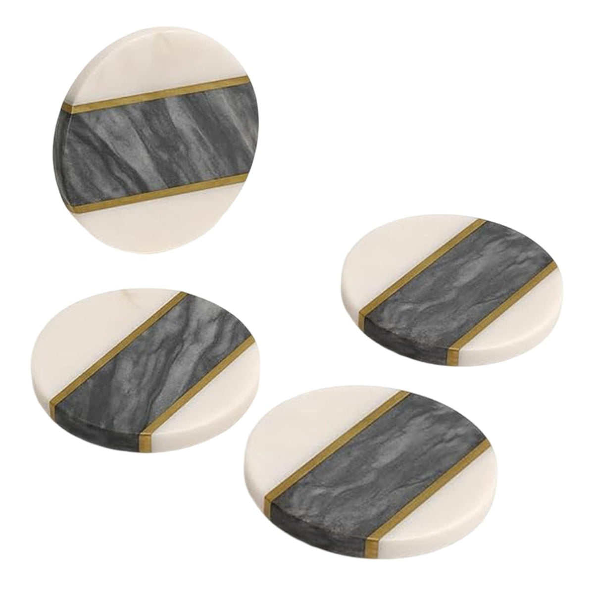 Black & White Marble Coasters with Brass Inlay, Set of 4