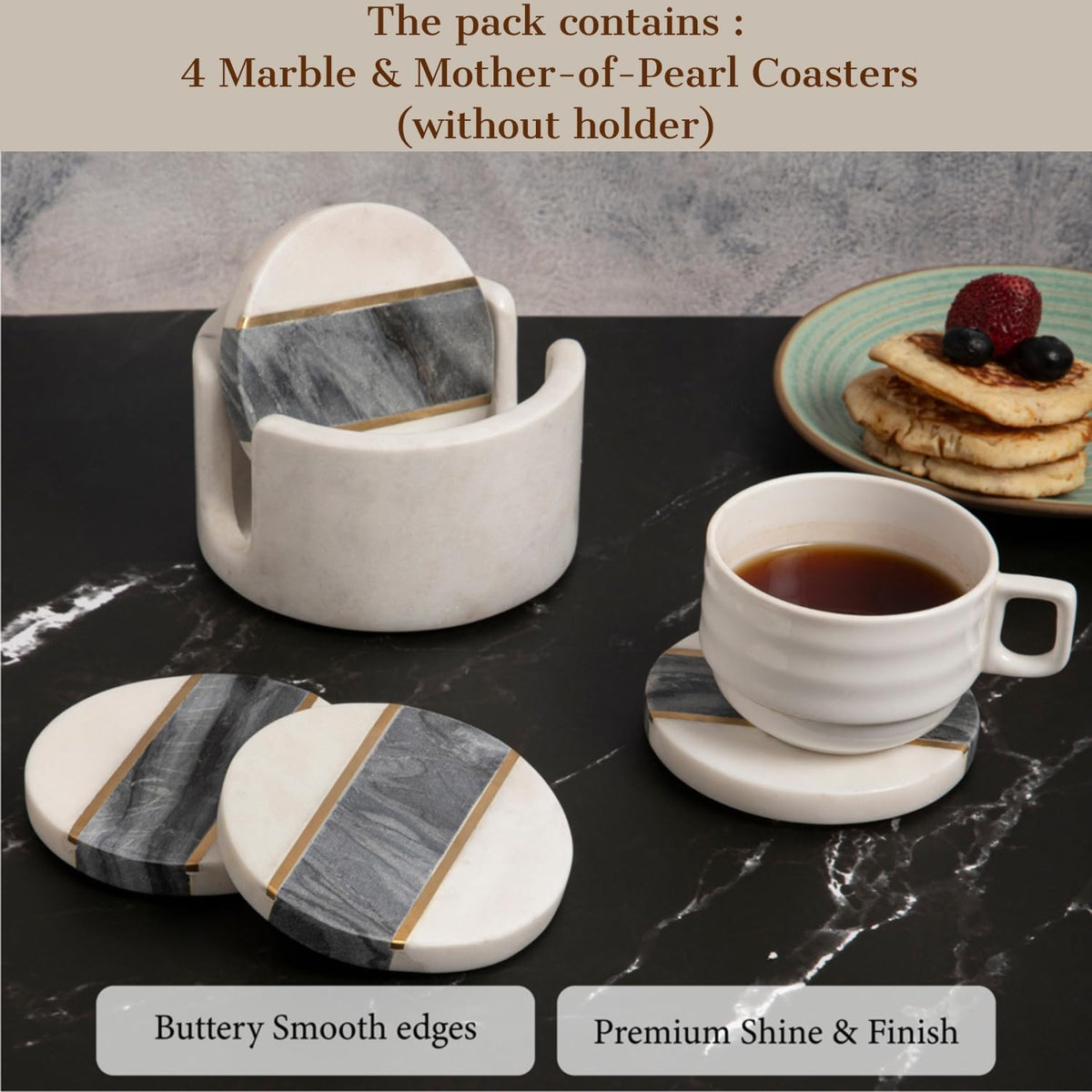 Black & White Marble Coasters with Brass Inlay, Set of 4