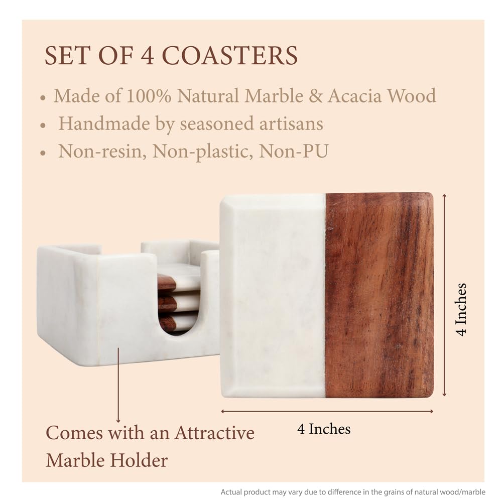 Marble & Acacia Wood Square Coasters with Holder, Set of 4