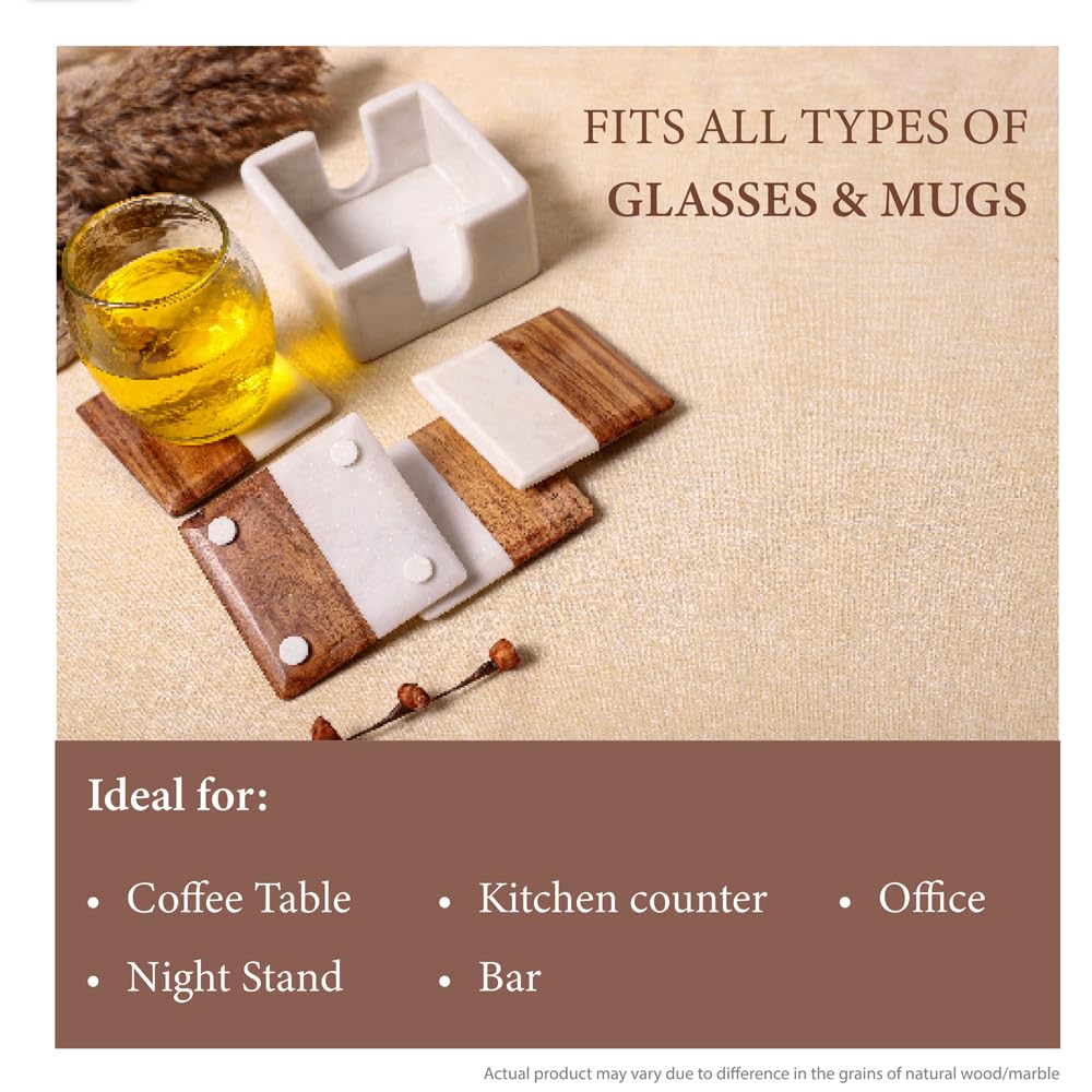 Marble & Acacia Wood Square Coasters with Holder, Set of 4