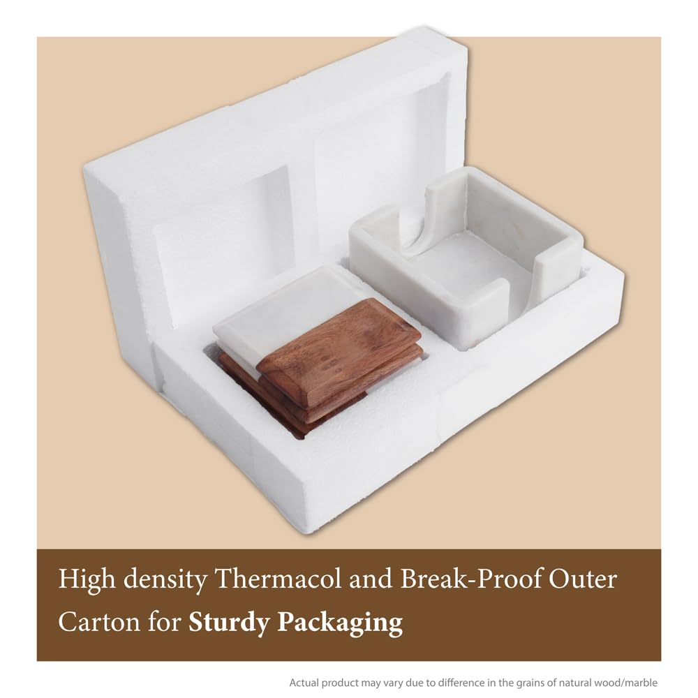 Marble & Acacia Wood Square Coasters with Holder, Set of 4