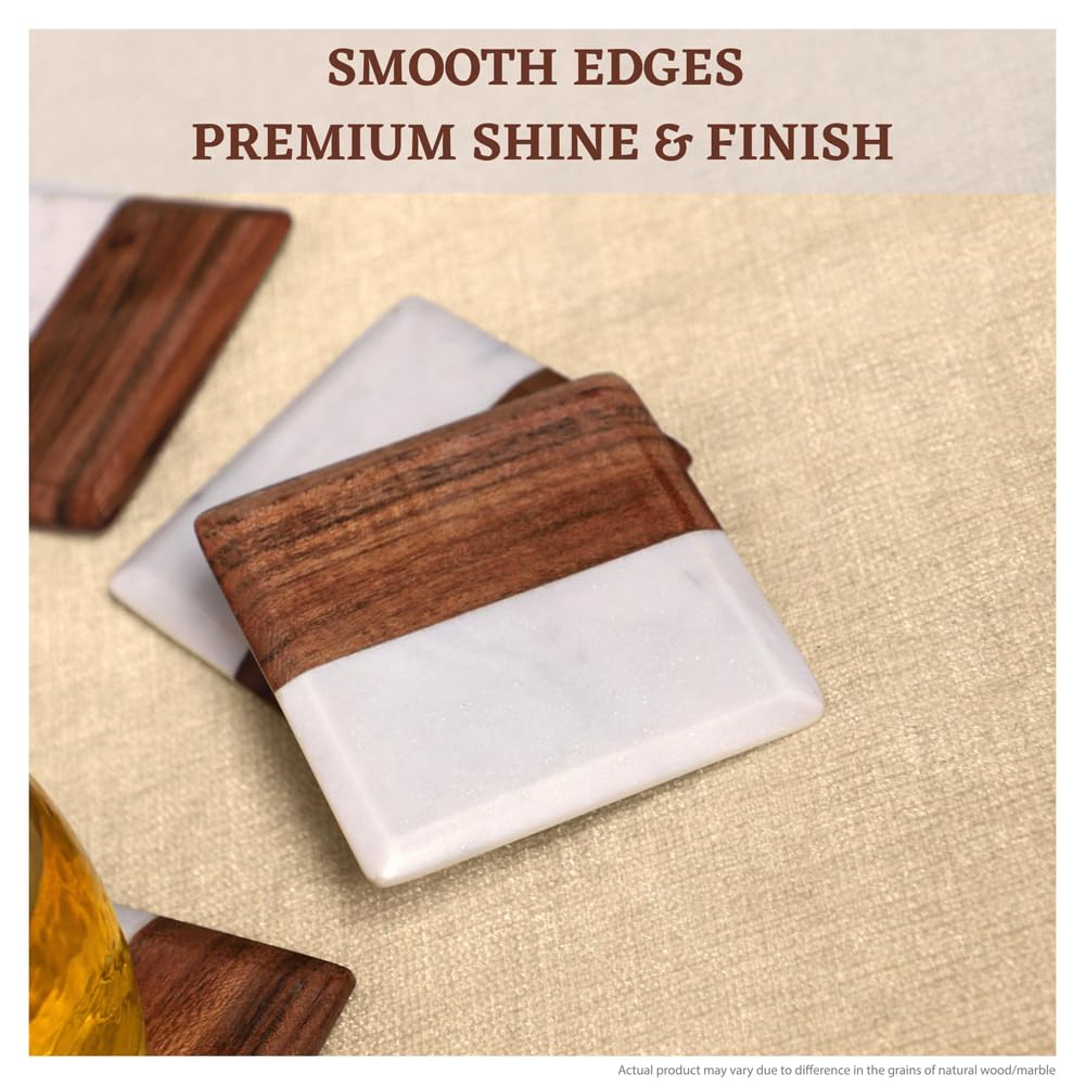 Marble & Acacia Wood Square Coasters with Holder, Set of 4