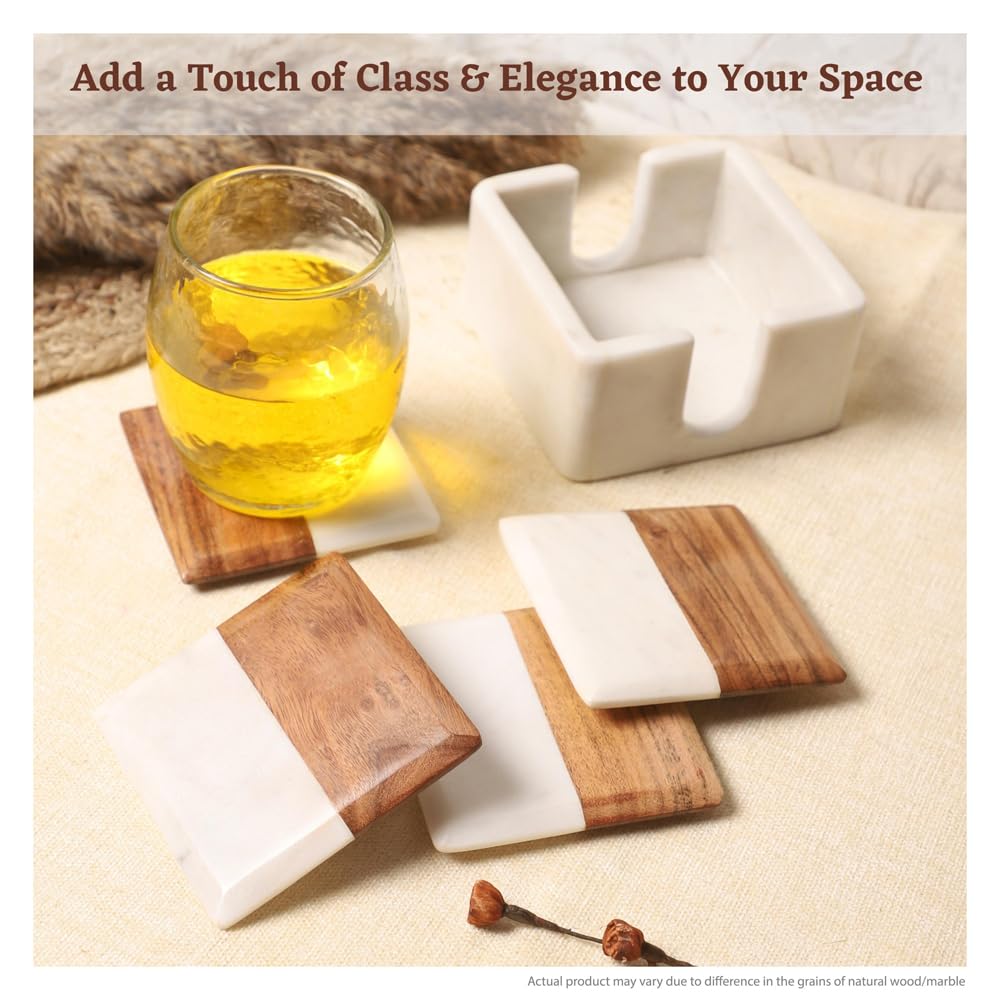 Marble & Acacia Wood Square Coasters with Holder, Set of 4