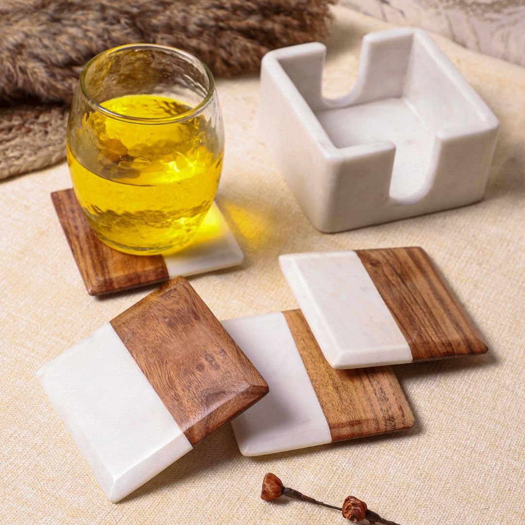 Marble & Acacia Wood Square Coasters with Holder, Set of 4