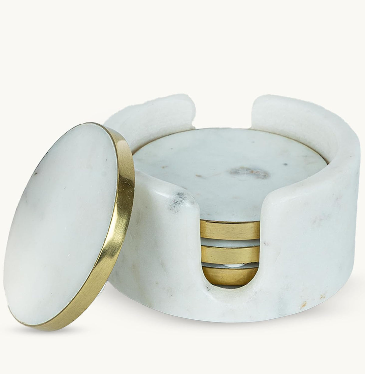 White Marble Round Coasters with Holder, Gold Brass Rim, Set of 4