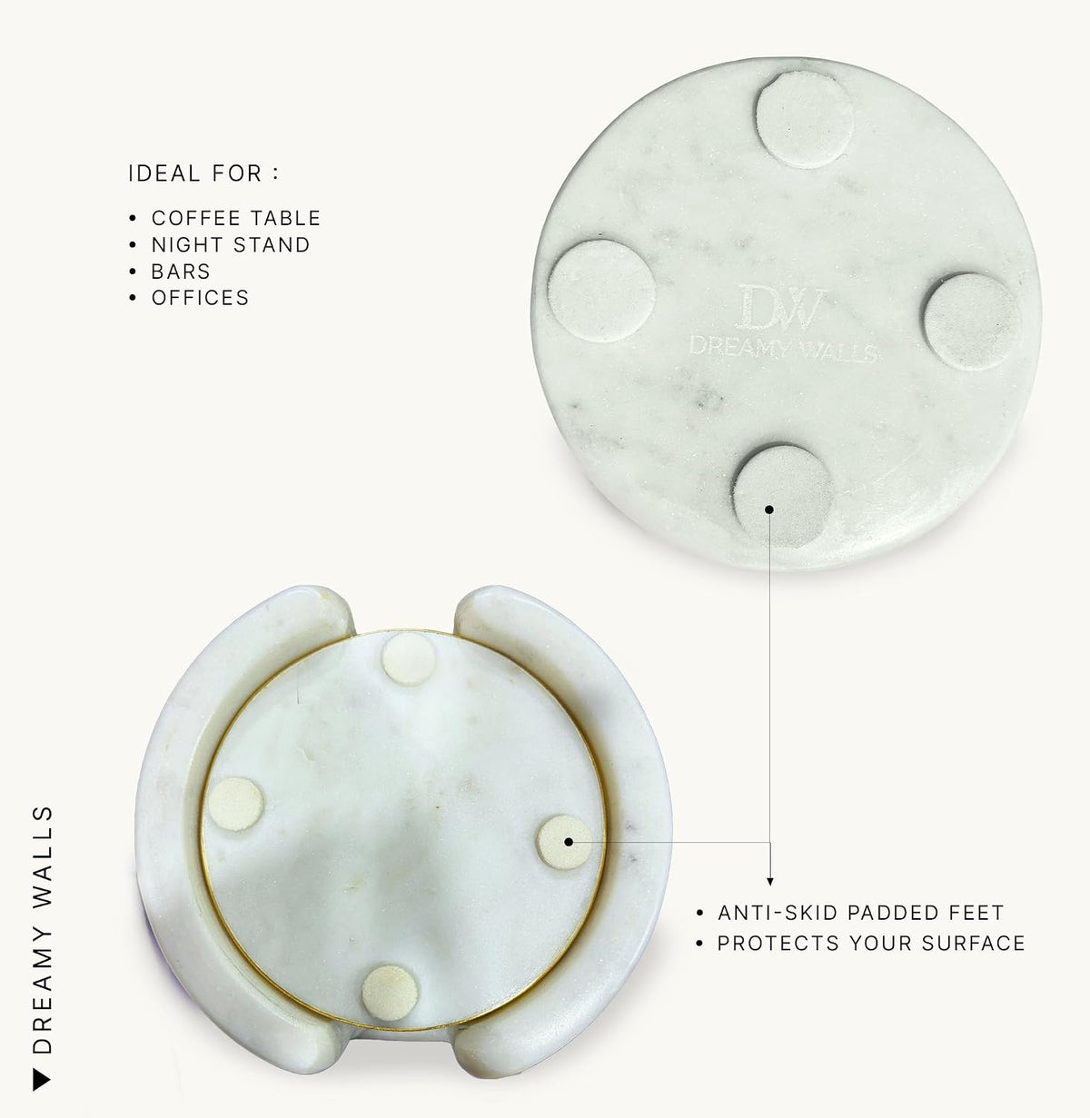 White Marble Round Coasters with Holder, Gold Brass Rim, Set of 4