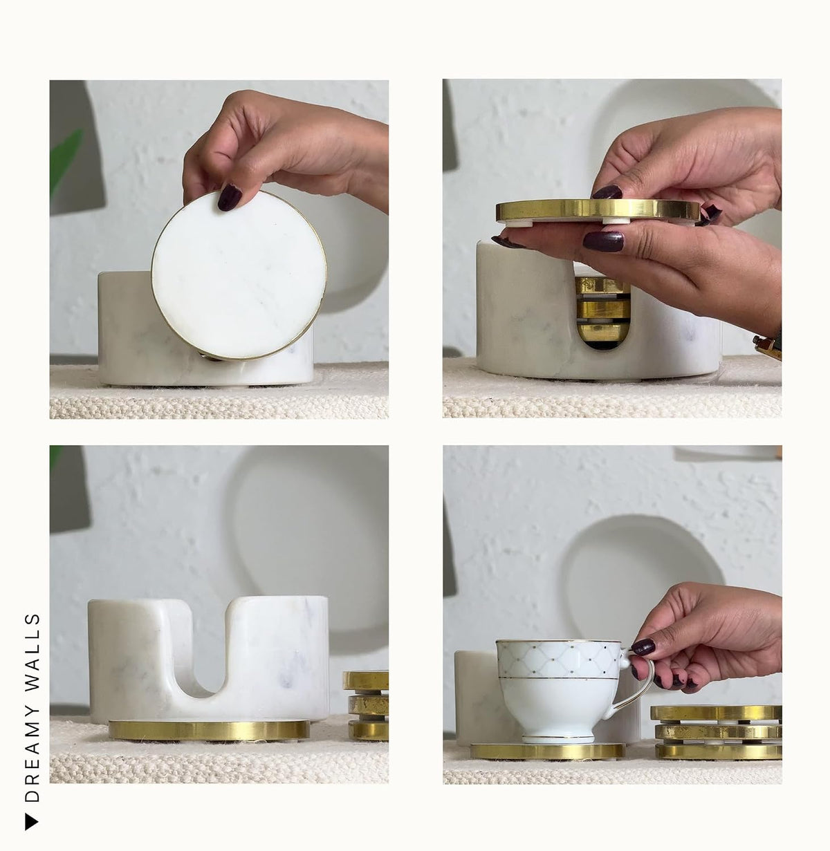 White Marble Round Coasters with Holder, Gold Brass Rim, Set of 4