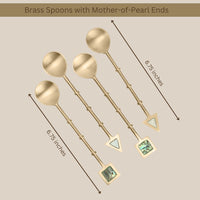 Brass spoons with 6.75-inch handles, featuring mother-of-pearl geometric accents at the ends, displayed on a beige background with labeled measurements — thumbnail