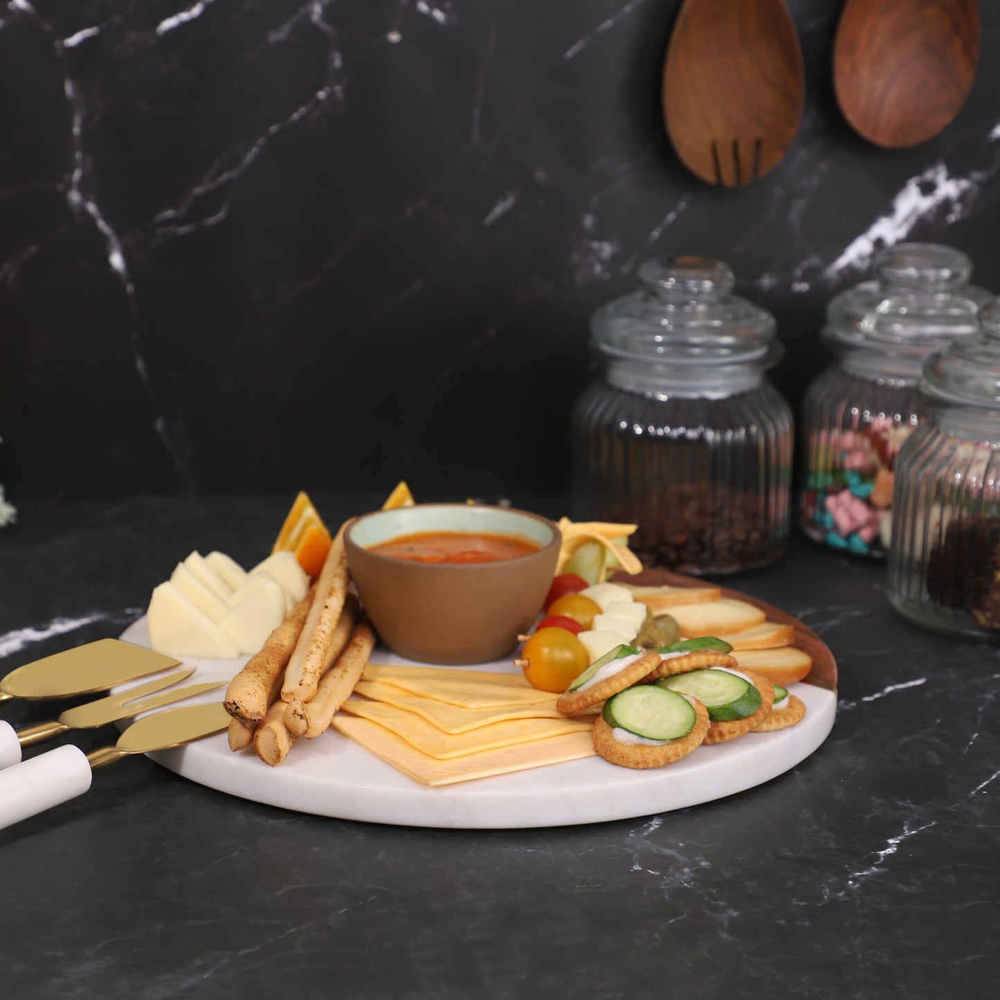 Marble & Acacia wood Charcuterie Board with Cutlery