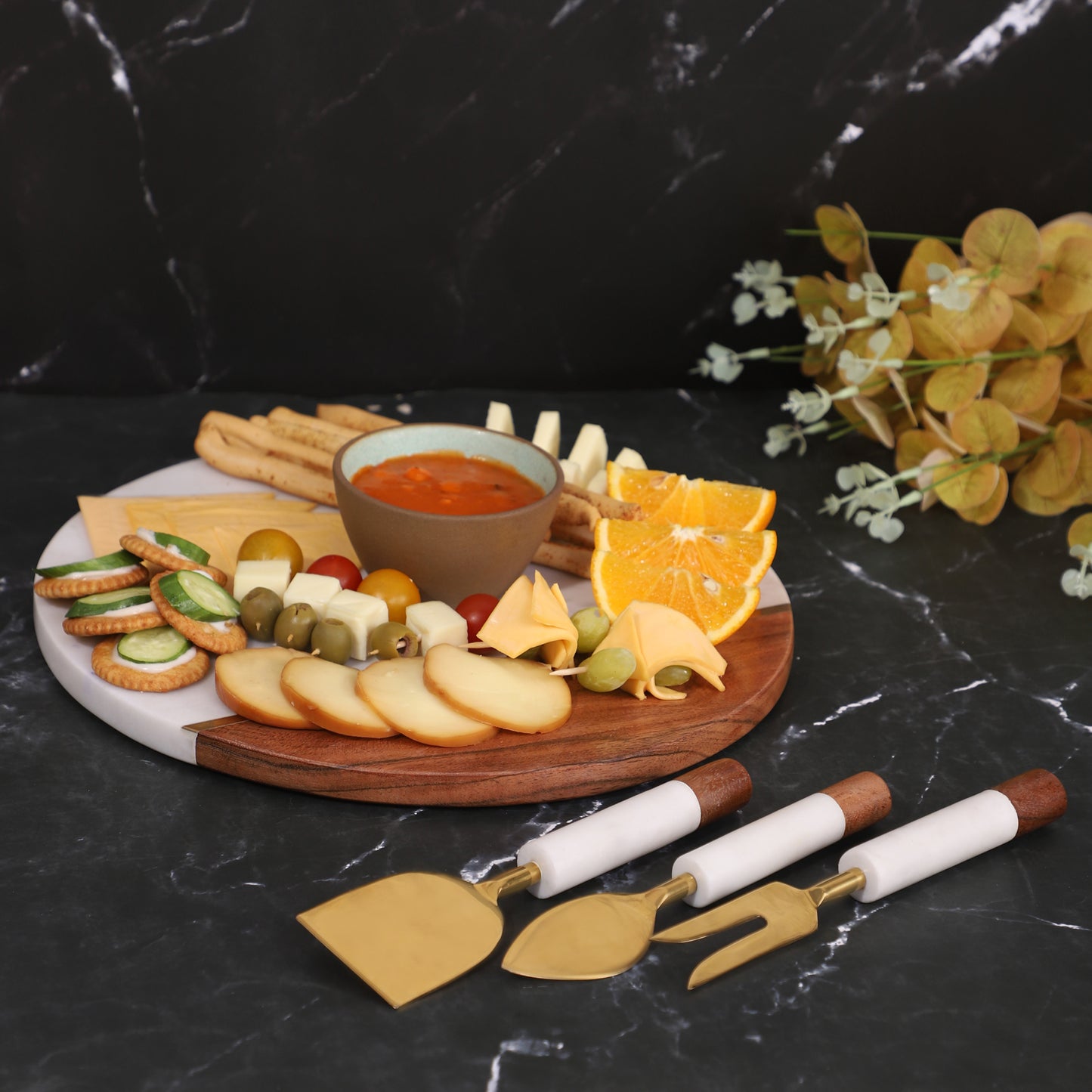 Marble & Acacia wood Charcuterie Board with Cutlery