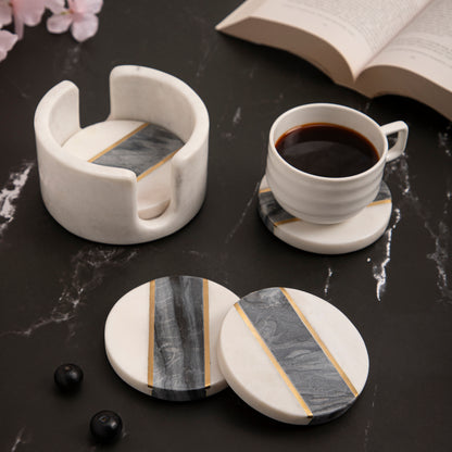 White & Black Marble Coasters with Brass Inlay