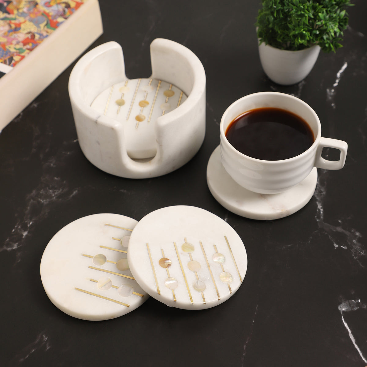 Marble & Mother-of-Pearl Coasters with Brass Inlay
