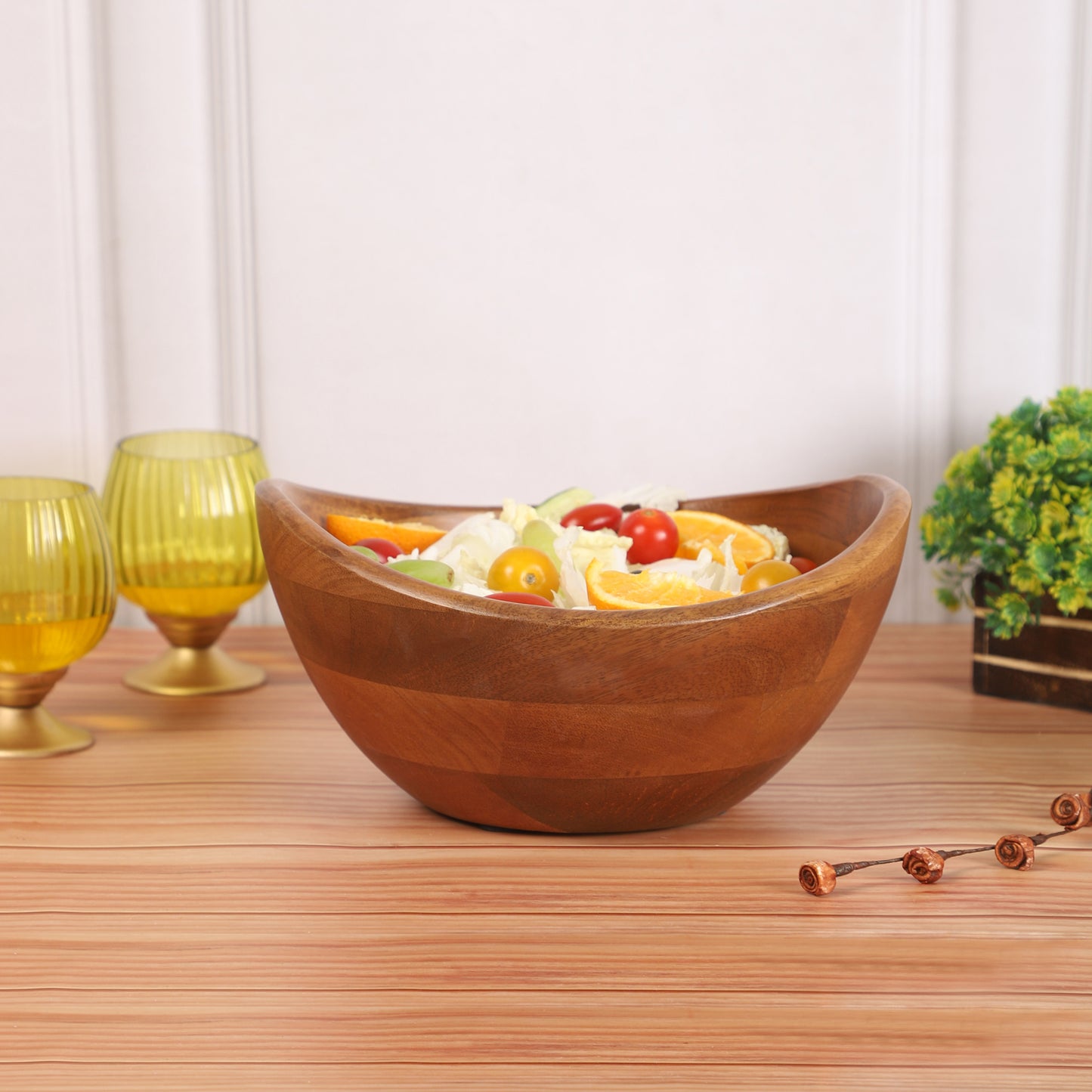 Wooden Boat Salad Bowl with Serving Spoons