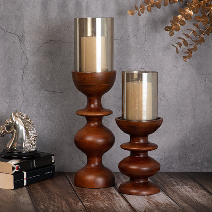 Wooden Candle Stands Curvy with Glass Hurricane