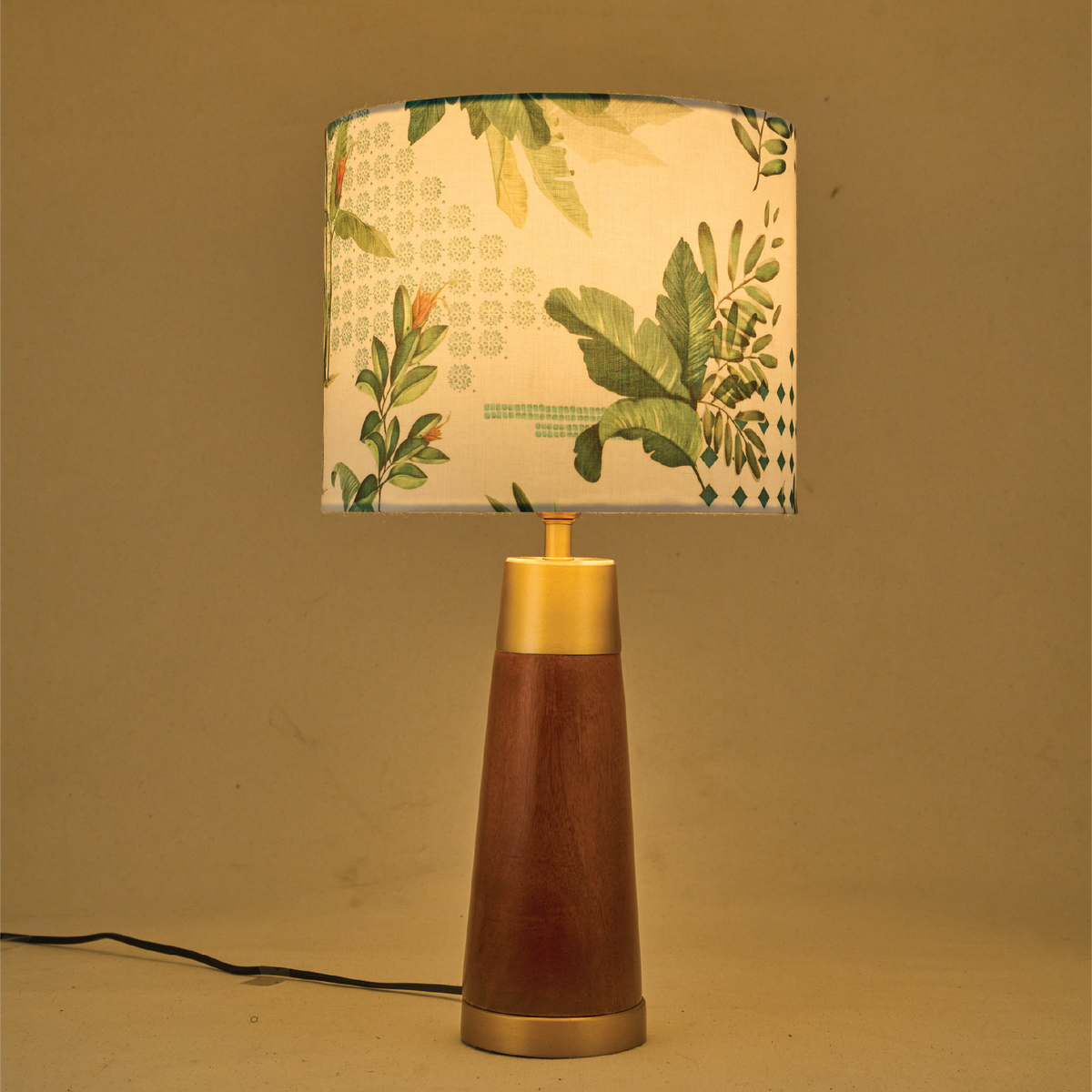 Mango Wood Table Lamp, Green Tropical Fabric Shade - RIO Collection