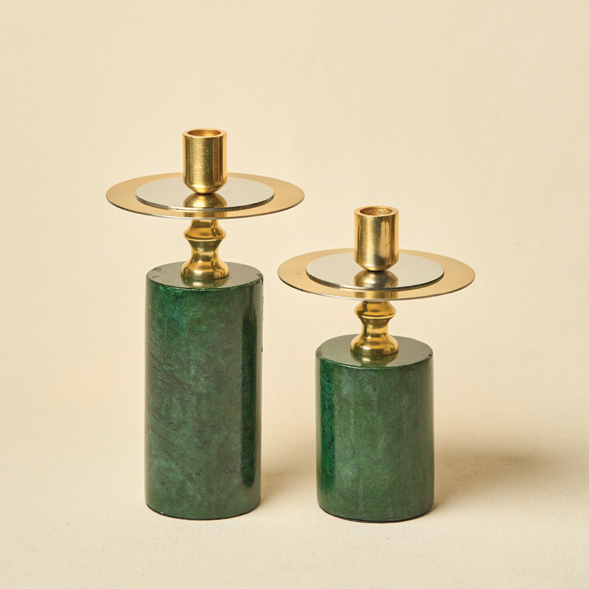 Green Marble Candle Stands, Set of 2