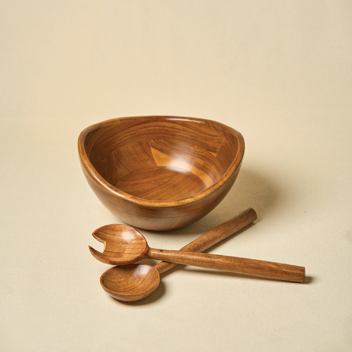 Wooden Boat Salad Bowl with Serving Spoons