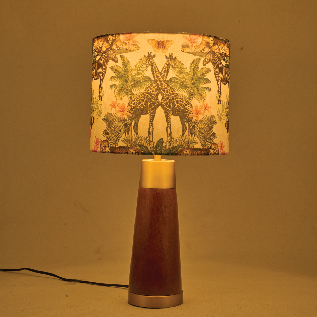 Mango Wood Table Lamp, Jungle Tales Shade - RIO Collection