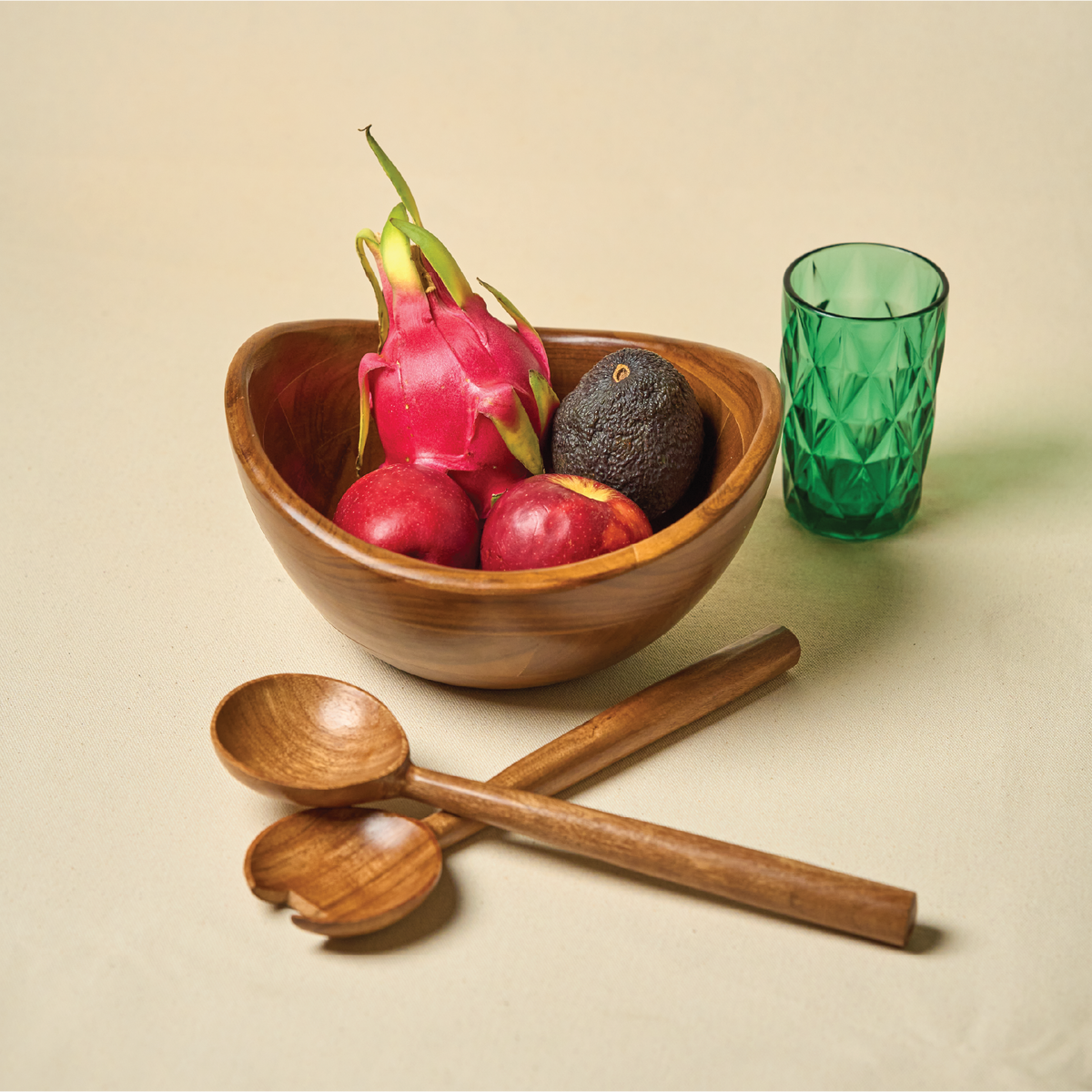 Wooden Boat Salad Bowl with Serving Spoons