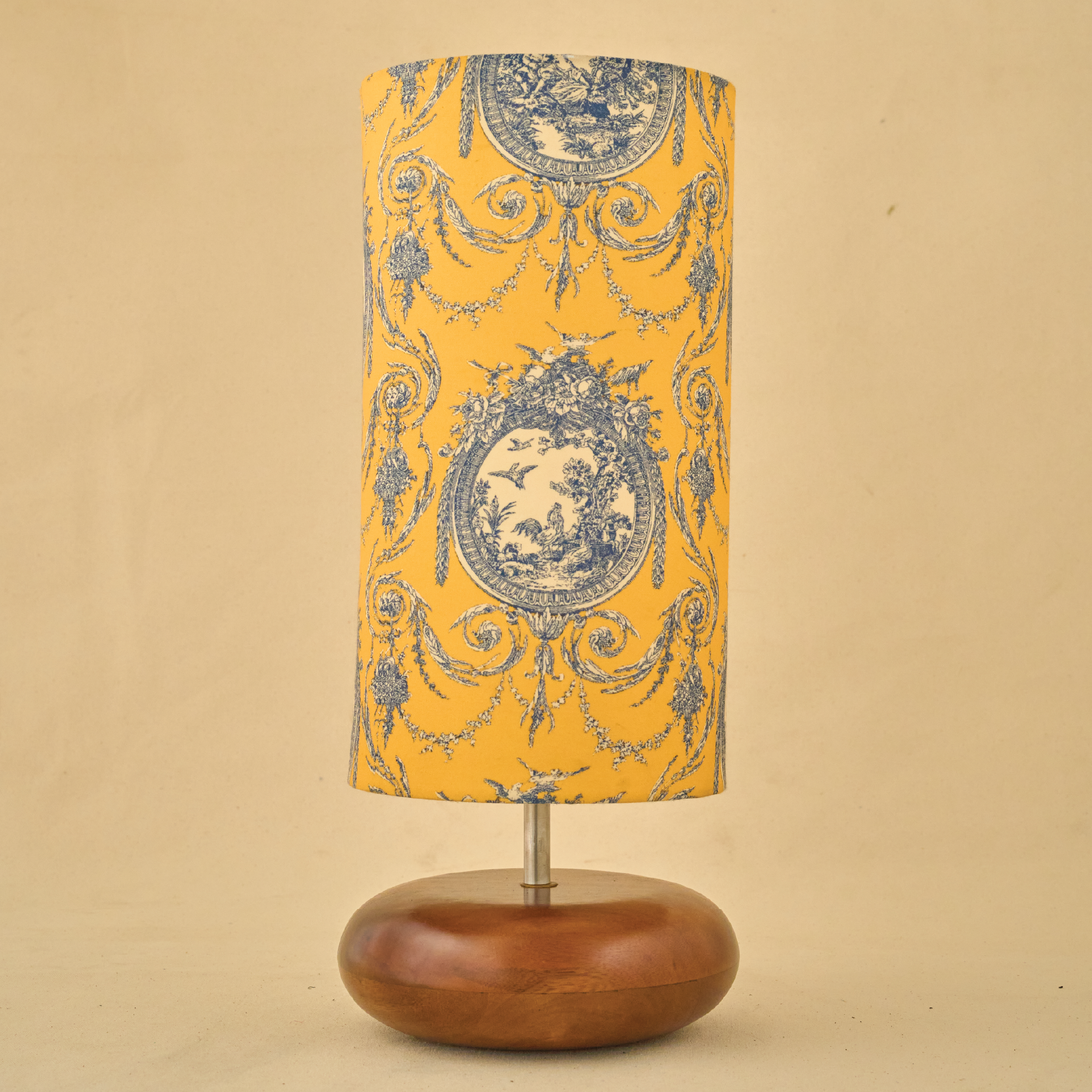 Mango Wood Table Lamp, Yellow Victorian Fabric Shade - RIO Collection