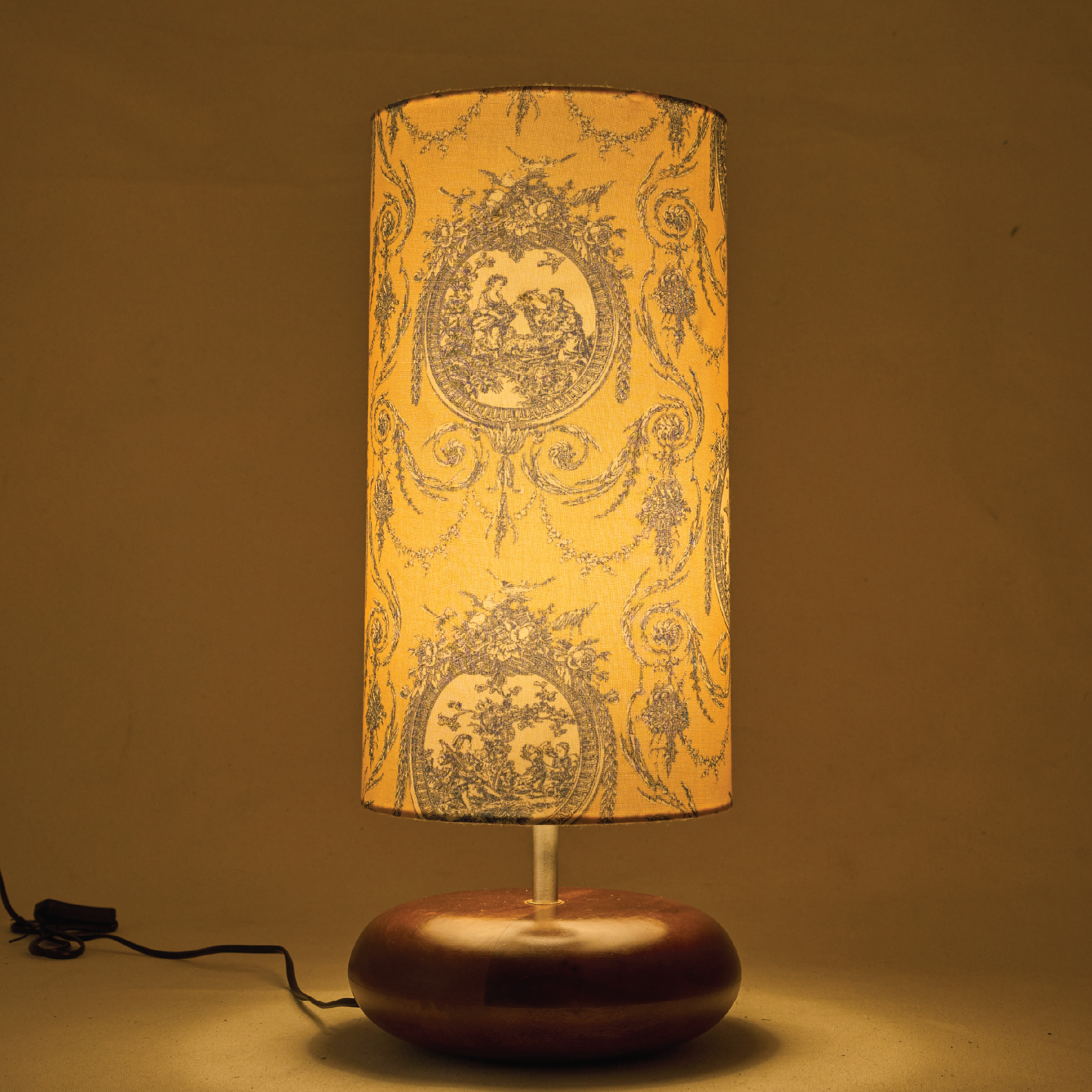 Mango Wood Table Lamp, Yellow Victorian Fabric Shade - RIO Collection