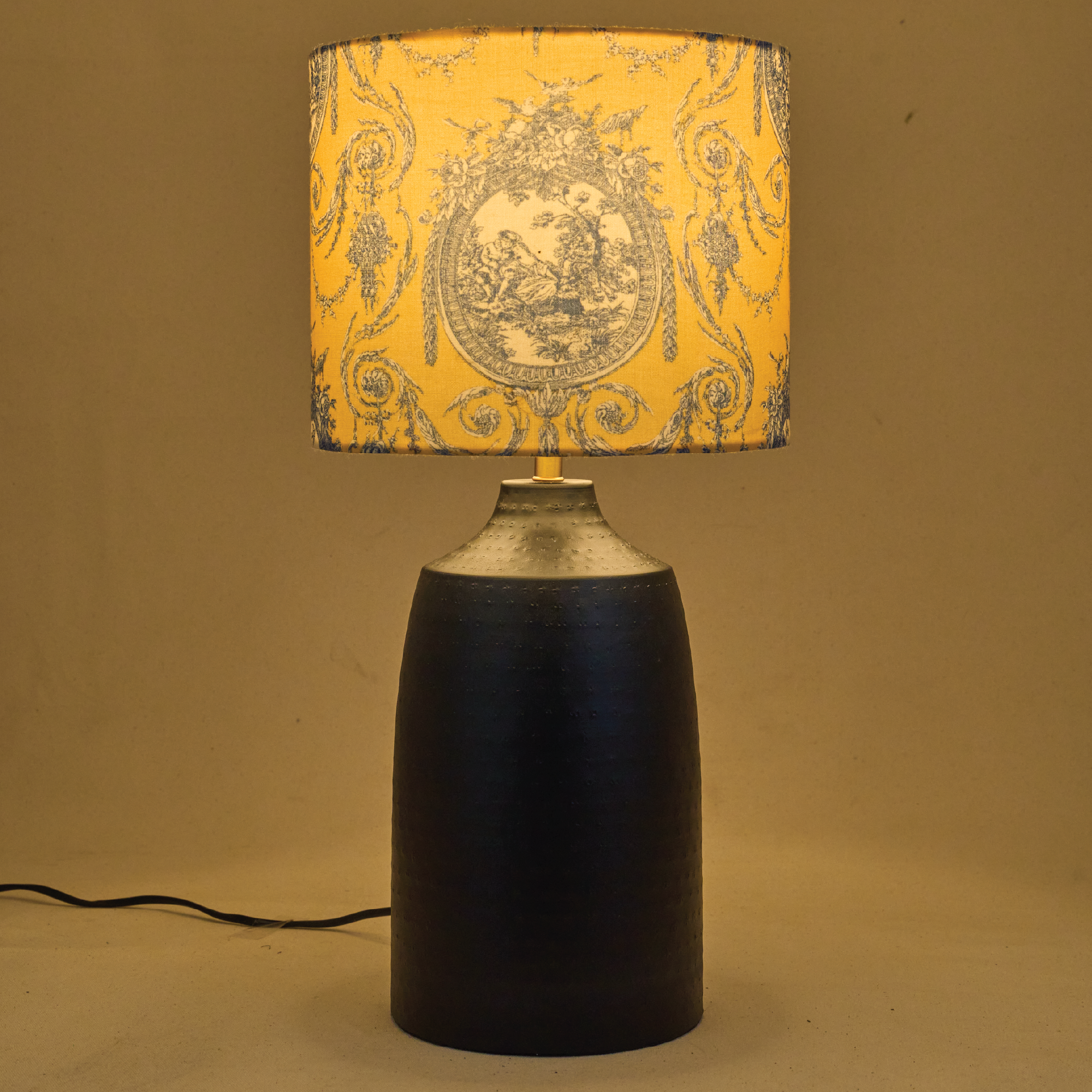 Black Metal Table Lamp, Yellow Victorian Fabric Shade - RIO Collection