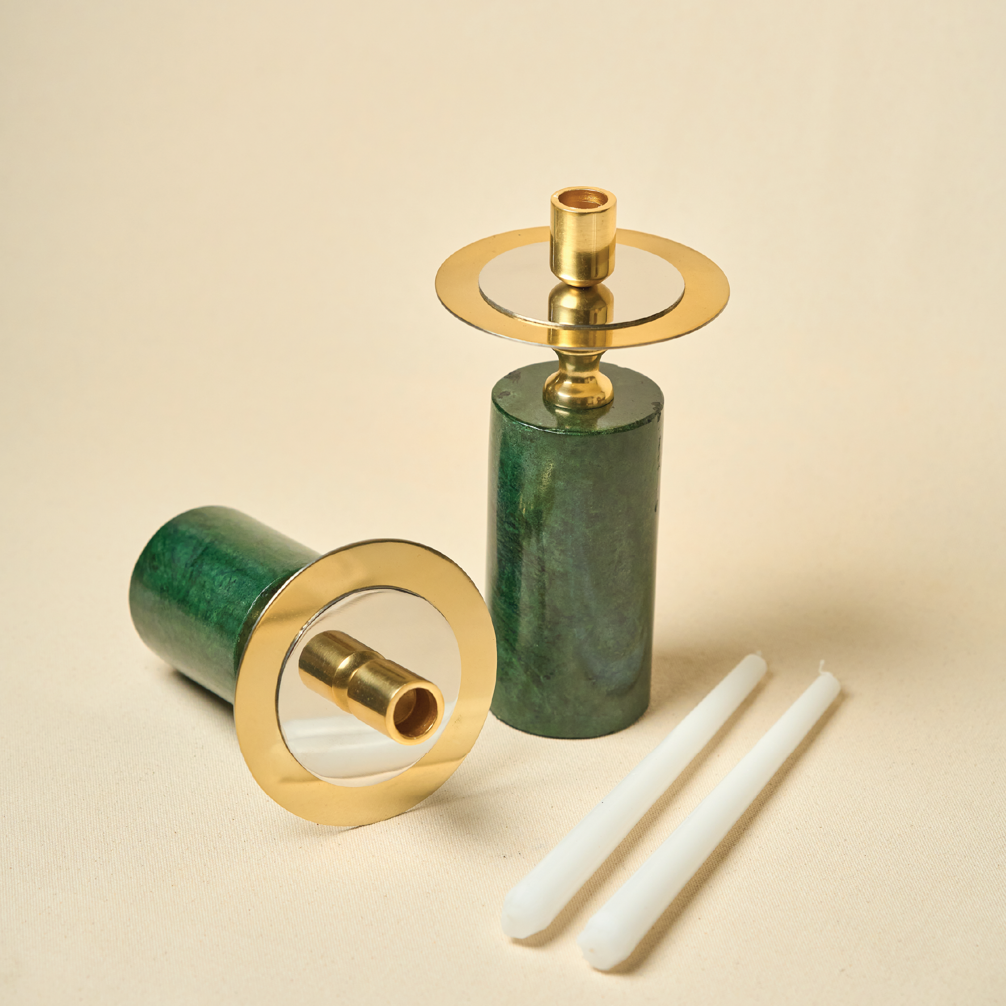 Green Marble Candle Stands, Set of 2