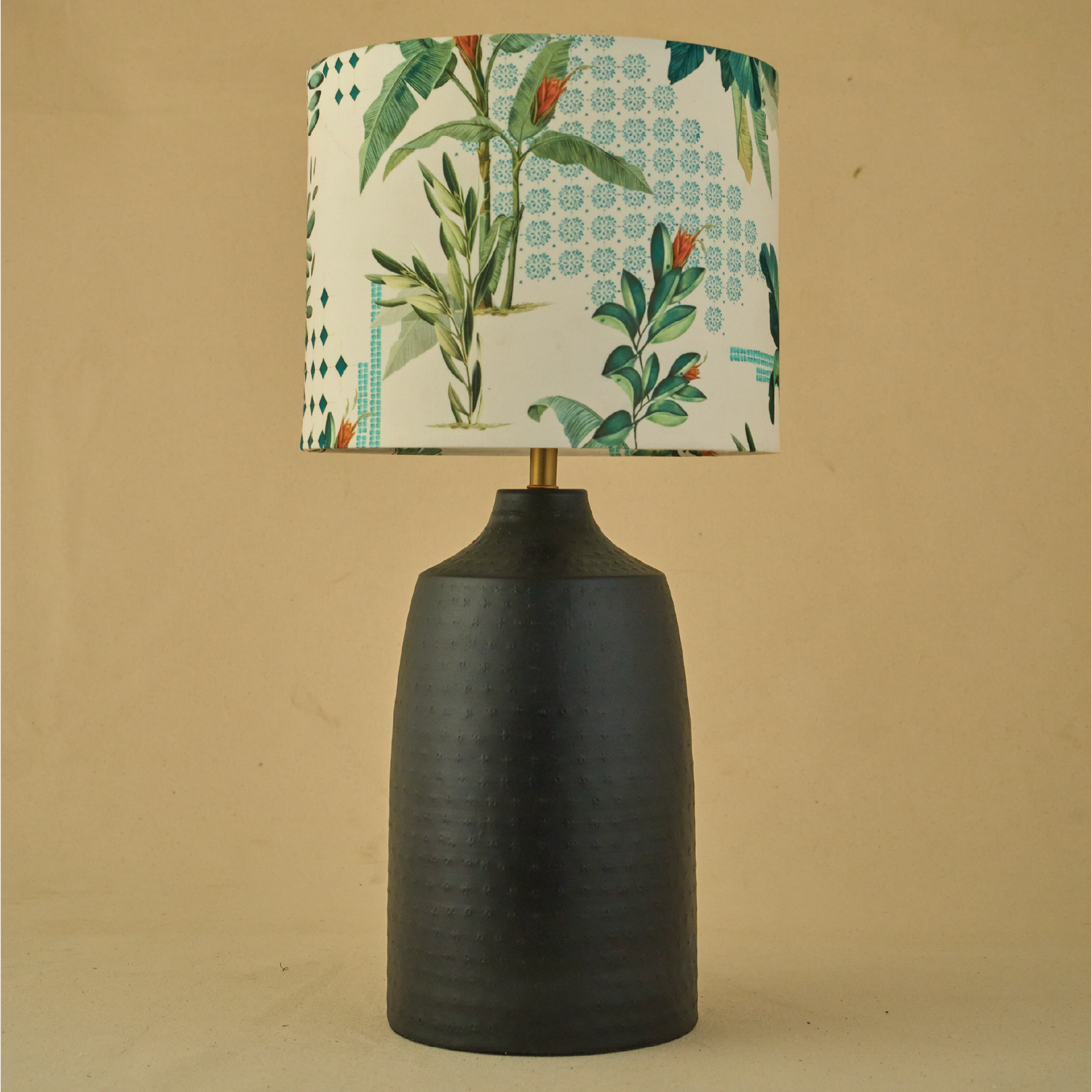 Black Metal Table Lamp, Green Tropical Fabric Shade - RIO Collection