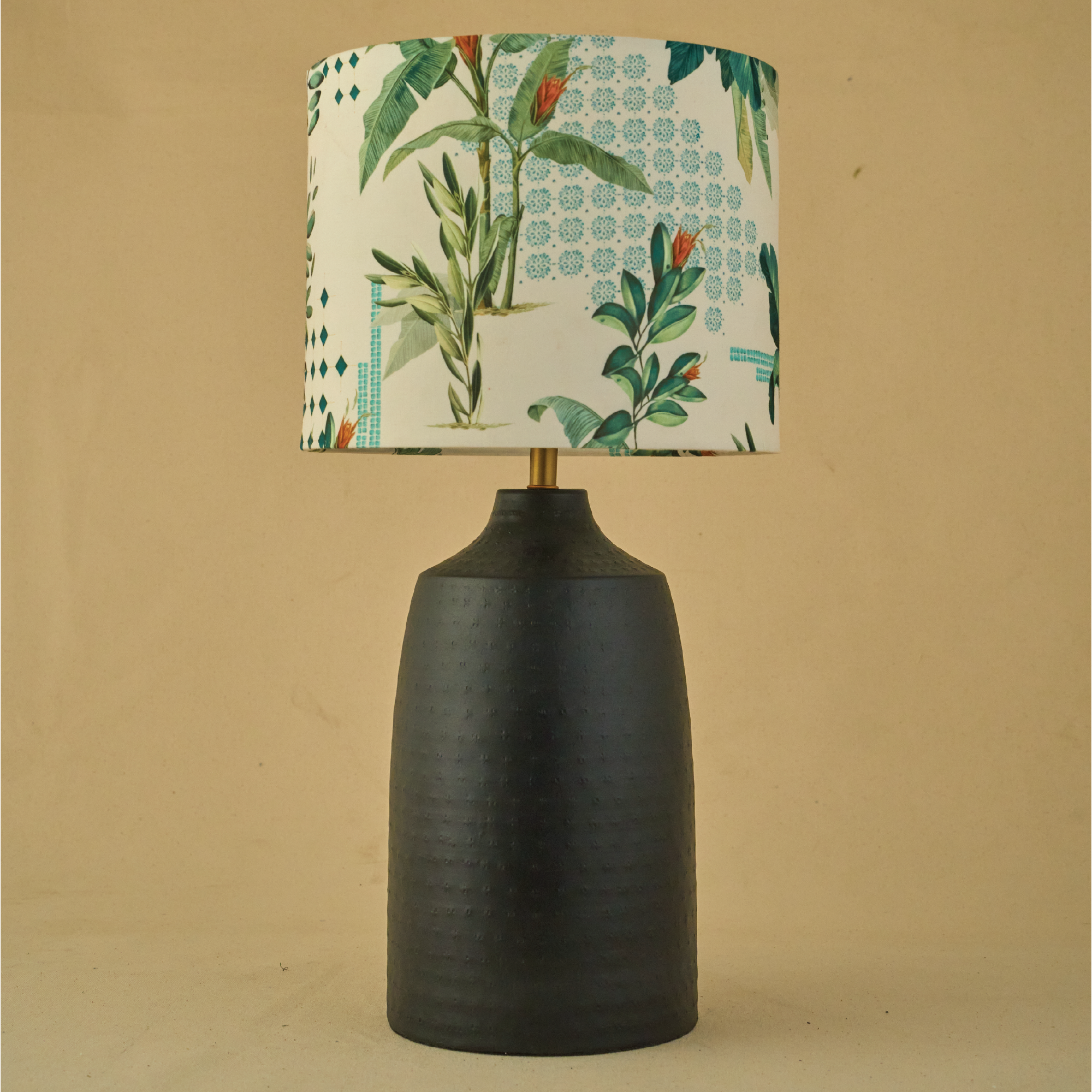 Black Metal Table Lamp, Green Tropical Fabric Shade - RIO Collection