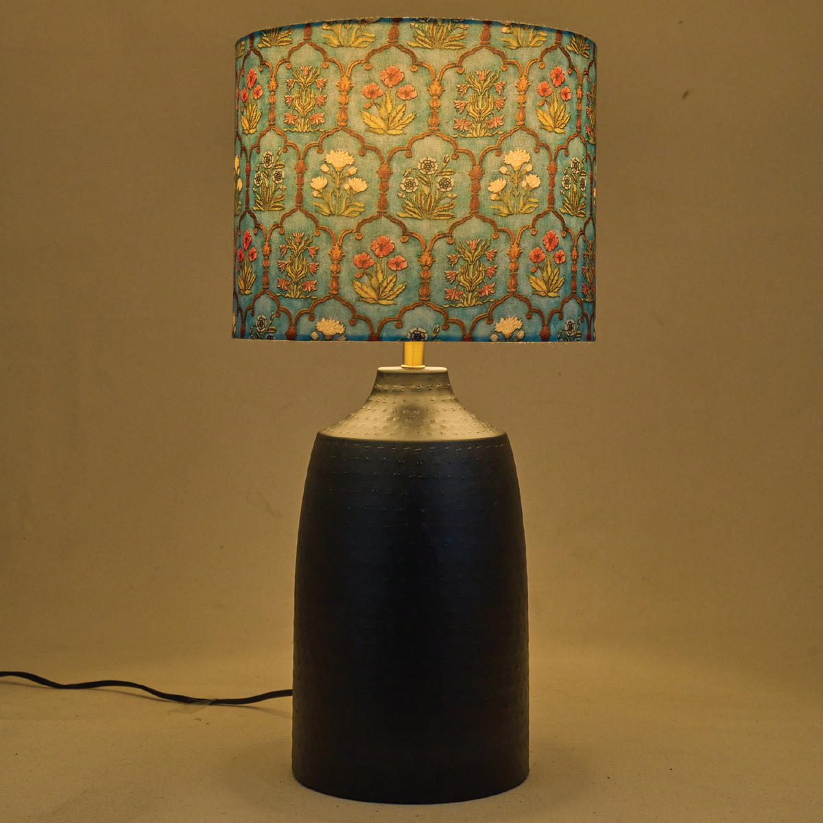 Metal Table Lamp, Teal GarlanBlack ds Fabric Shade - RIO Collection