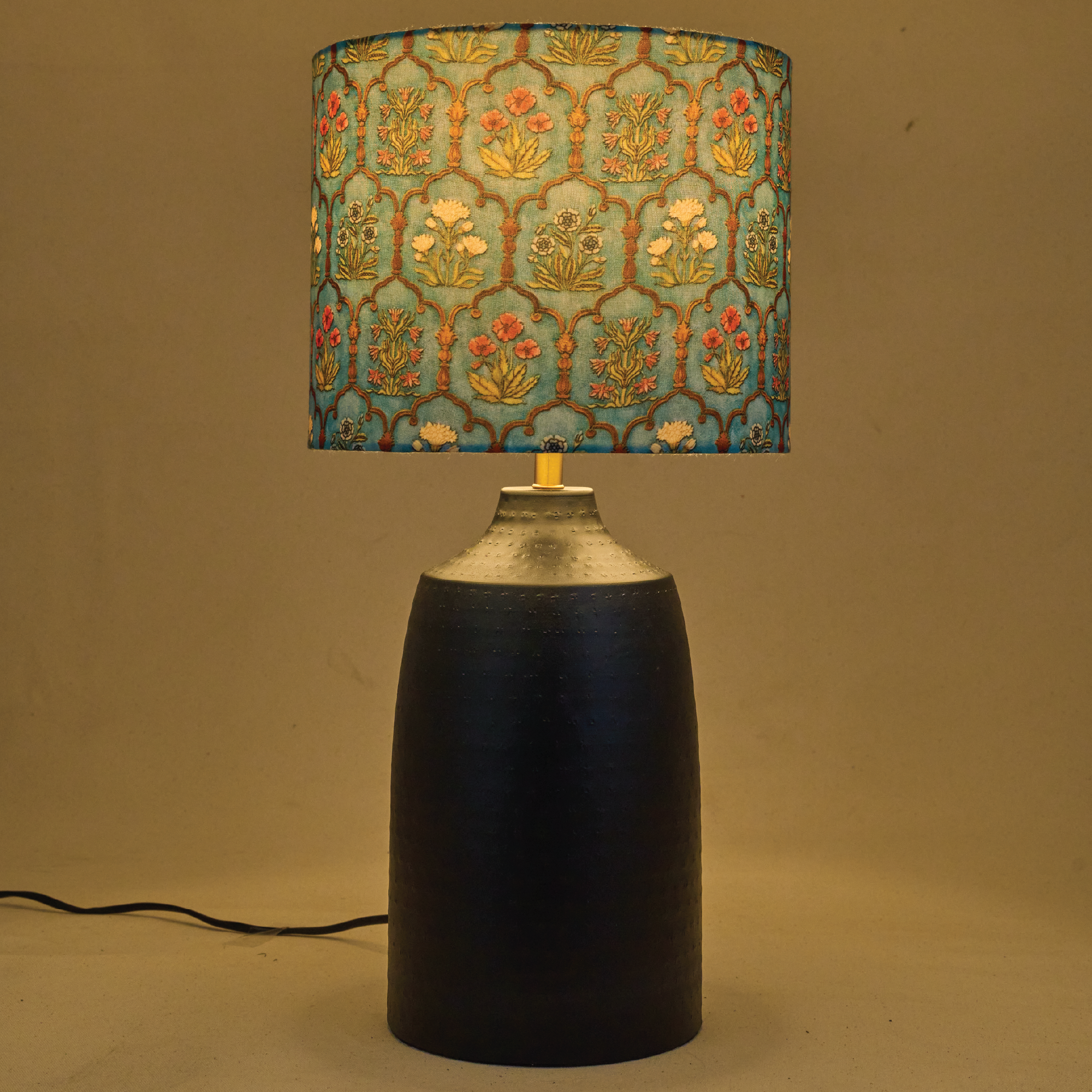 Metal Table Lamp, Teal GarlanBlack ds Fabric Shade - RIO Collection
