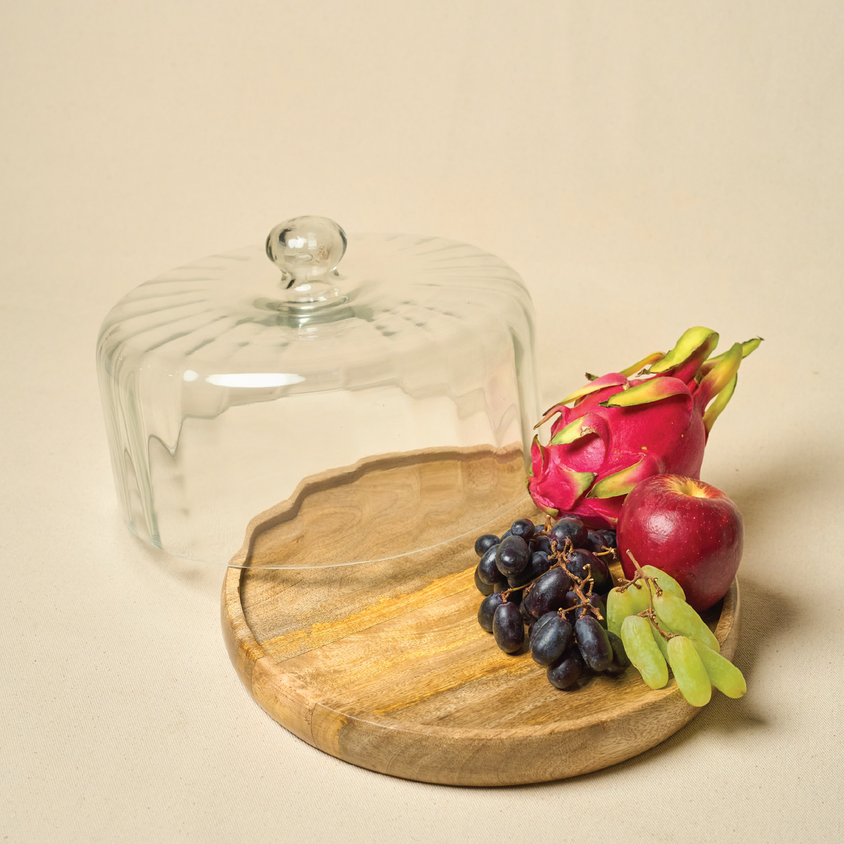 Wooden Cake Stand with Glass Cloche