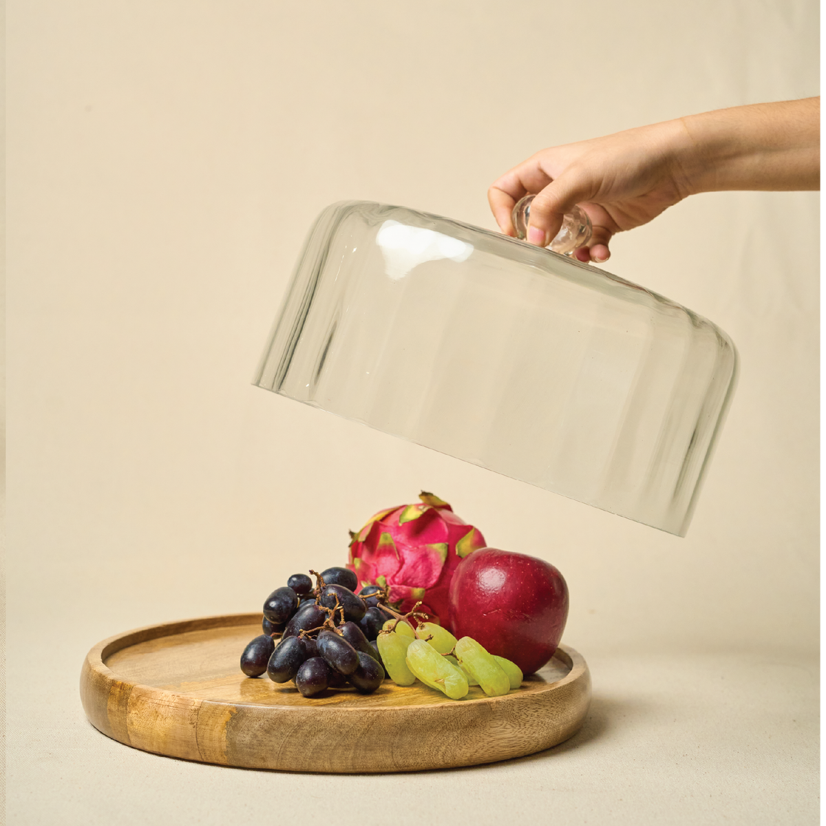 Wooden Cake Stand with Glass Cloche