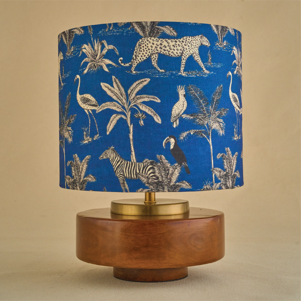 Mango Wood Table Lamp, Savanna Blues Fabric Shade - RIO Collection