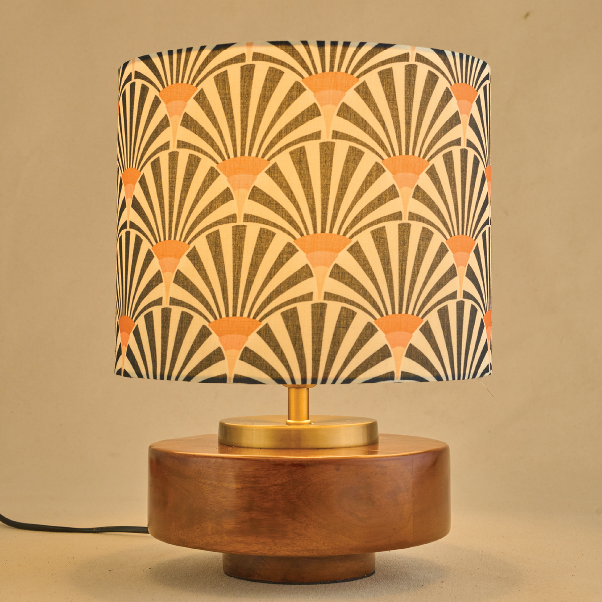 Mango Wood Table Lamp, Orange Zebra Fabric Shade - RIO Collection