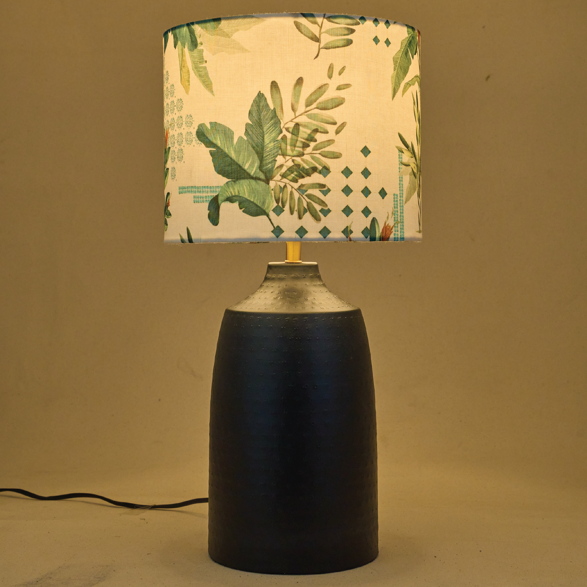 Black Metal Table Lamp, Green Tropical Fabric Shade - RIO Collection