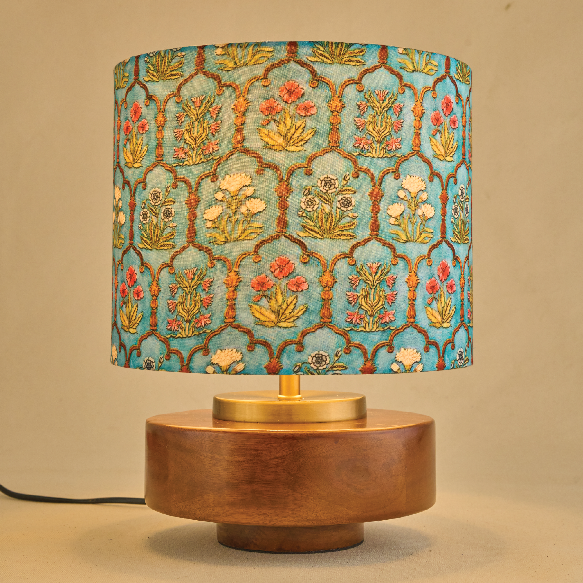 Mango Wood Table Lamp, Teal Garlands Fabric Shade - RIO Collection