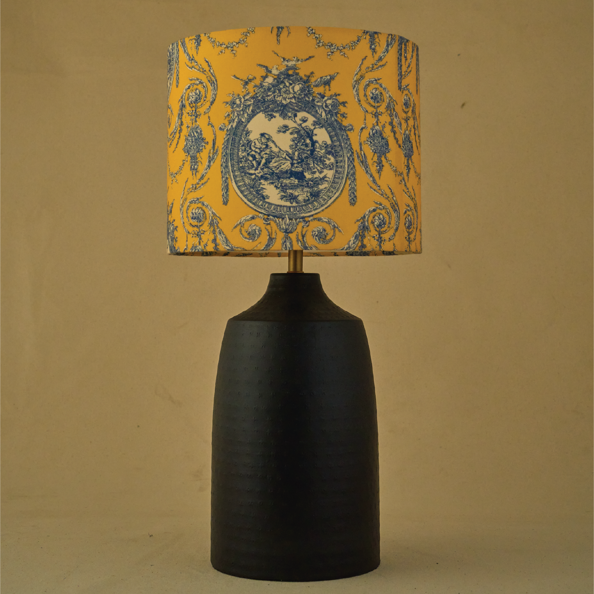 Black Metal Table Lamp, Yellow Victorian Fabric Shade - RIO Collection
