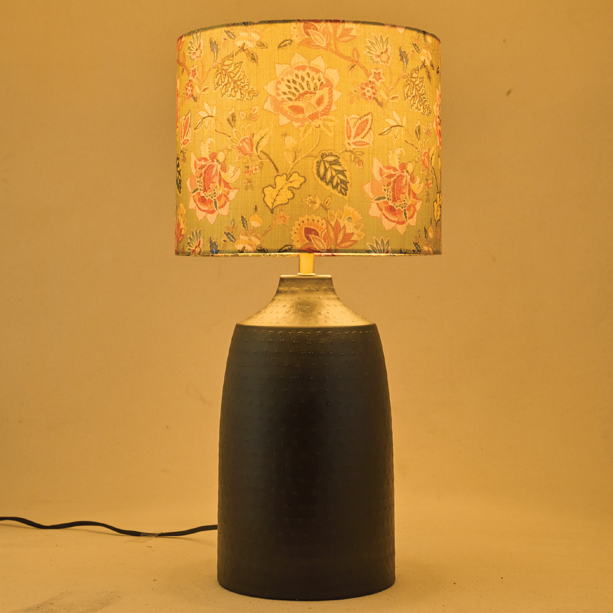 Black Metal Table Lamp, Mango Silk Persian Flowers Shade