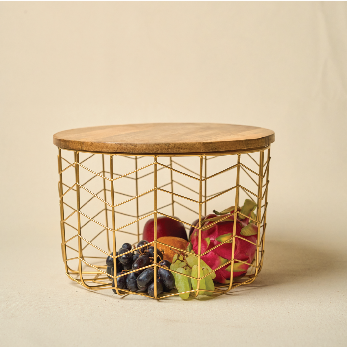Gold Metal Basket with Wooden Lid