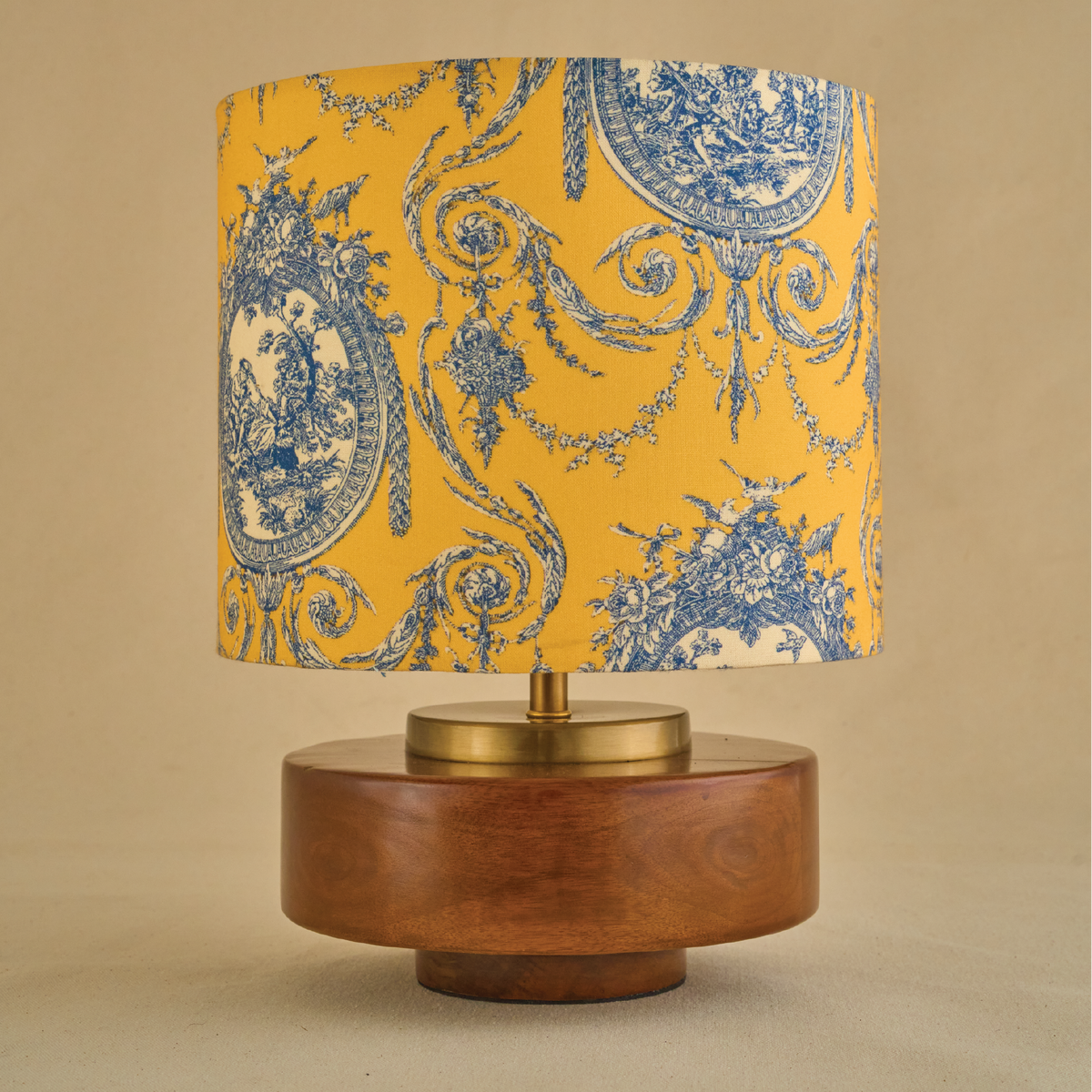Mango Wood Table Lamp, Yellow Victorian Fabric Shade - RIO Collection