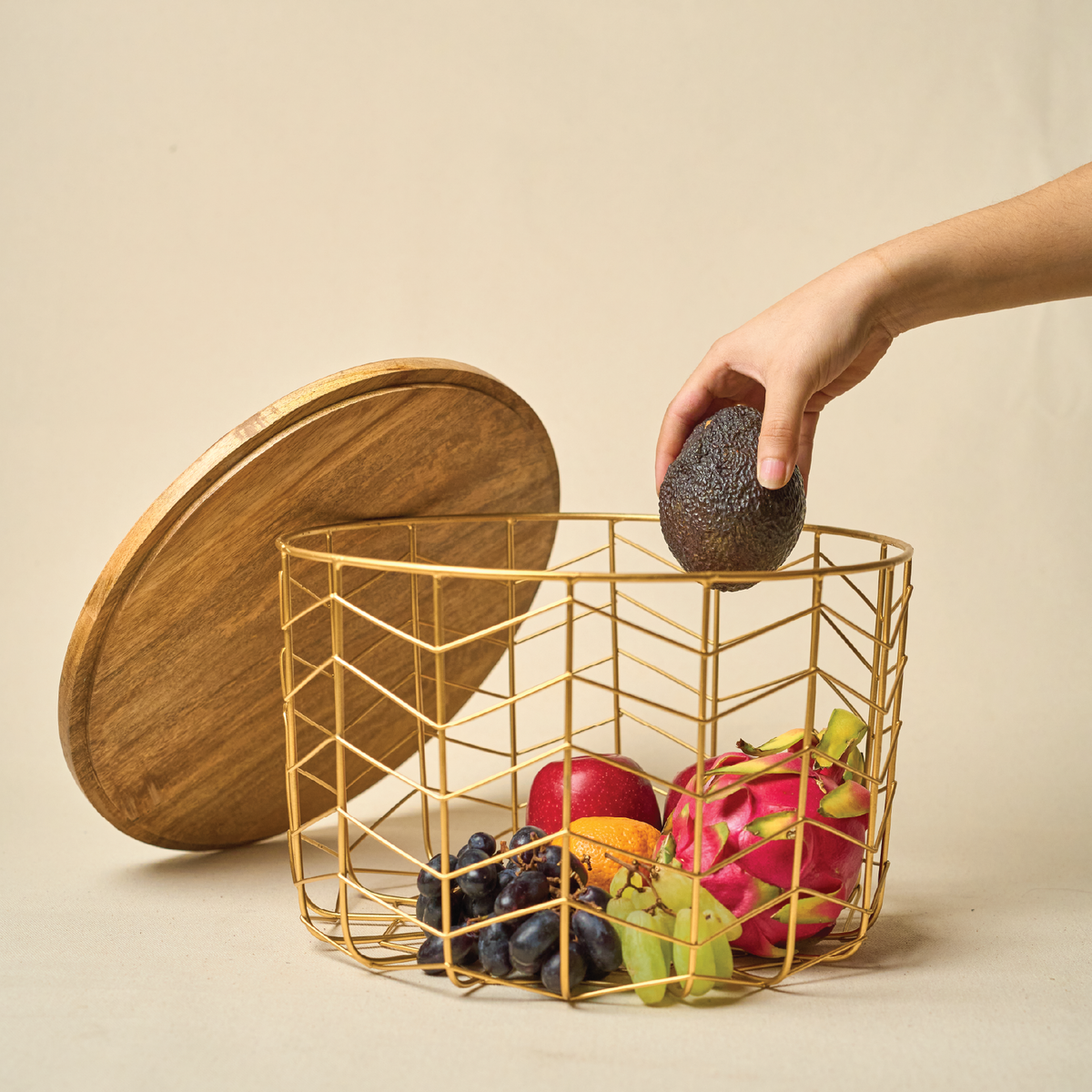 Gold Metal Basket with Wooden Lid