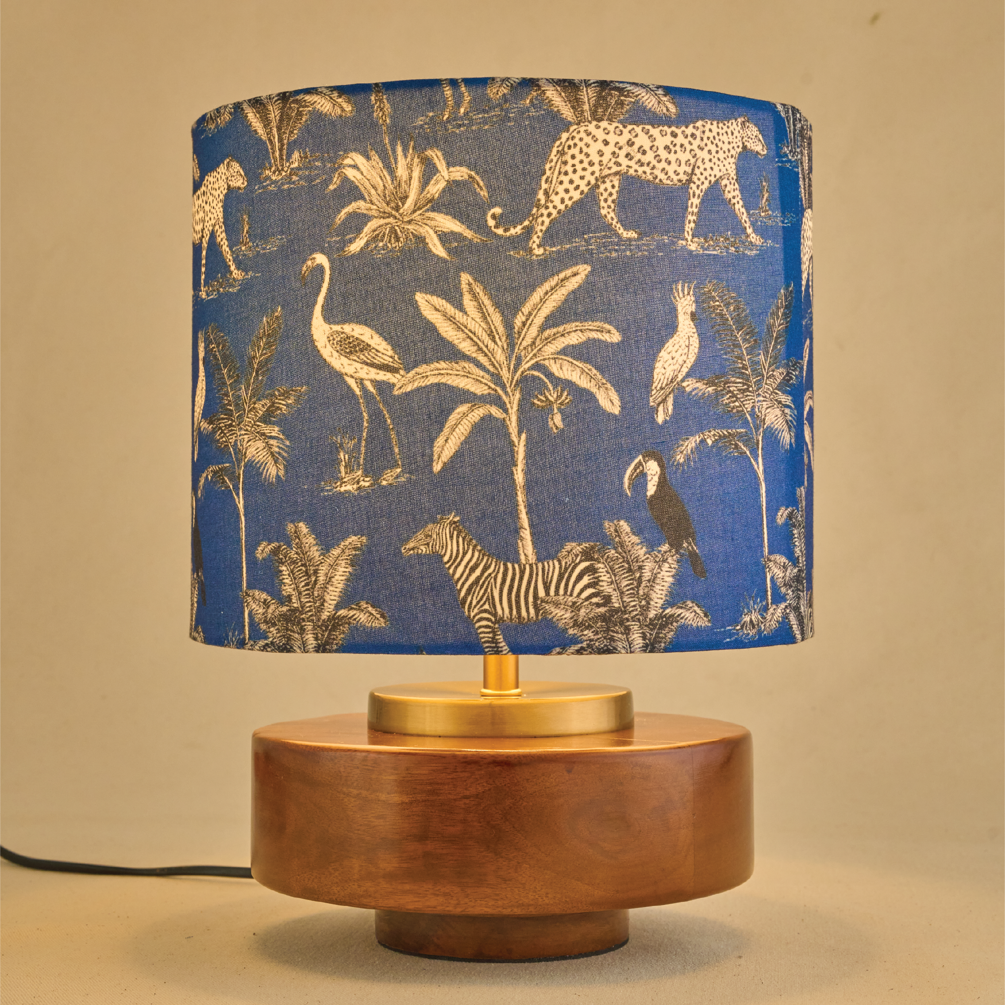 Mango Wood Table Lamp, Savanna Blues Fabric Shade - RIO Collection