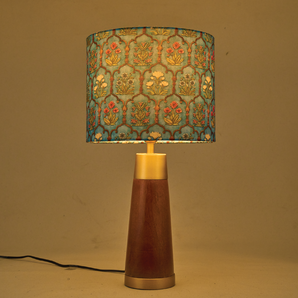 Mango Wood Table Lamp, Teal Garlands Fabric Shade - RIO Collection