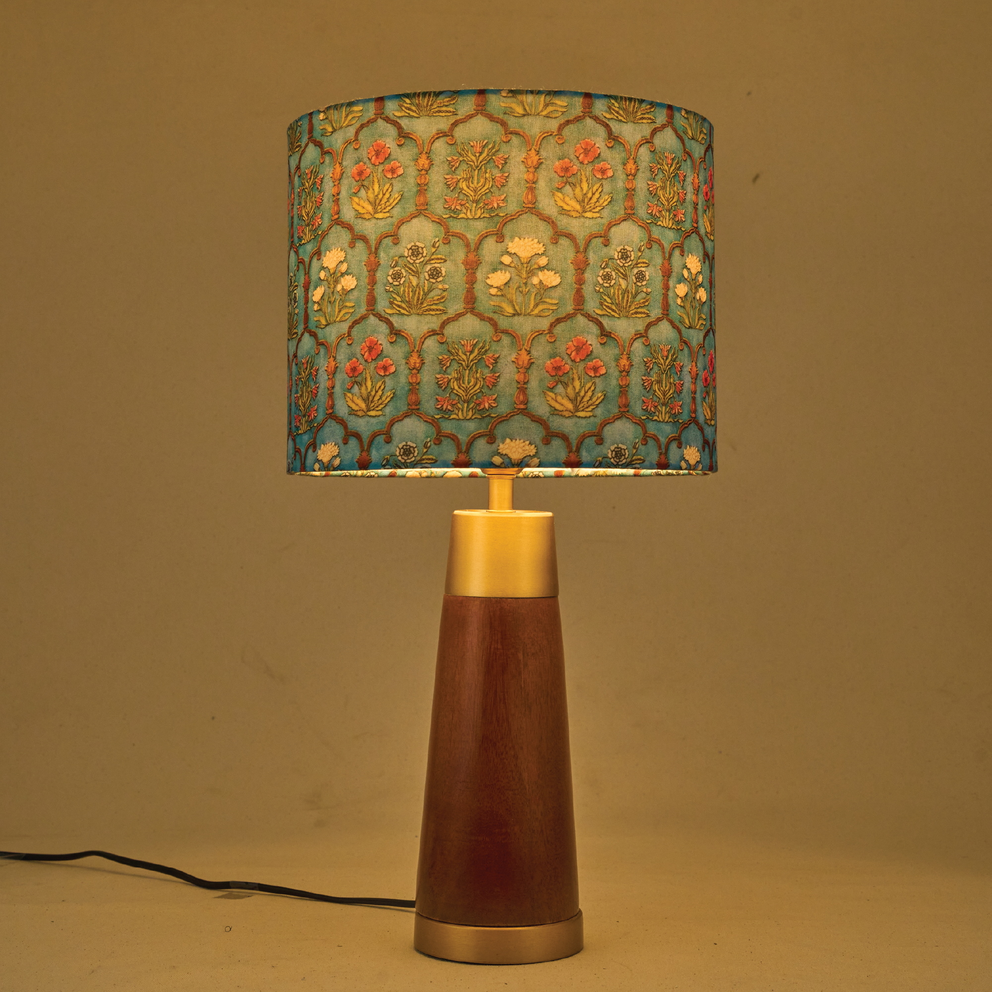 Mango Wood Table Lamp, Teal Garlands Fabric Shade - RIO Collection