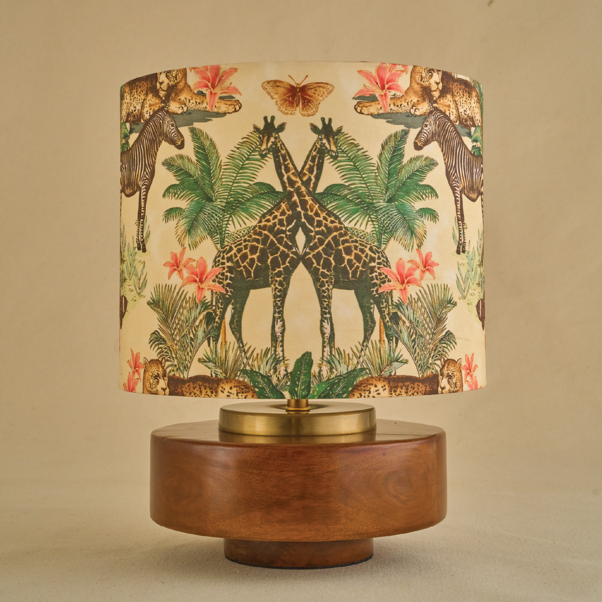 Mango Wood Table Lamps, Jungle Tales Fabric Shade - Rio Collection
